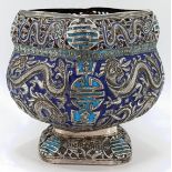 A 19th century Chinese silver enameled incense burner, blue and turquoise enamel, pierced upper