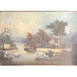 19th century Chinese school, river scene with boats, watercolour on paper laid on board, H.35cm W.