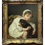 After Jean-Baptiste Greuze, Portrait of a girl holding a dog, oil on canvas, H.65cm W.53.5cm