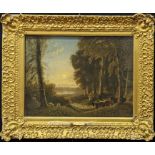 George Barret Jr O.W.S. (1767-1842), woodland scene with sunset, oil on canvas, H.35cm W.47cm