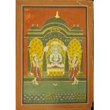 Late 19th/early 20th century Indian School, a seated God being fanned, gilt heightened gouache, H.