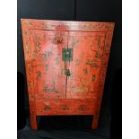 A large 19th century Chinese red lacquered cabinet, elmwood, H.159cm W.100cm D.49cm