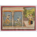 A 19th century Indian miniature painting of female dancers on a terrace, H.17.5cm W.25cm