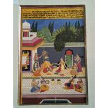 A fine large 19th century Indian miniature painting of Krishna and Radha on a terrace, H.34cm W.