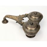 An 18th or 19th century Indian twin lid brass camphor burner or lamp, L.20cm