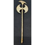 A fine 19th century Persian Qajar engraved gilded steel axe, etched stylised decor of flora and