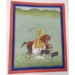 Early 20th century Indian School, Boar hunting by Raja on horse, watercolour, 38cm x 30cm