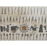 Early 20th century Indian School, Mewar weapons display, watercolour, 19cm x 10cm