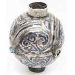 A fine large 12-13th century Persian Seljuk niello and turquoise inlaid silver bead, L.6cm