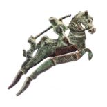 A rare 16-17th century South Indian bronze betel nut cutter in the shape of a horse and rider, L.