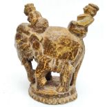 A rare large 14-15th century Indian sultanate carved bone elephant and riders chess gaming piece,