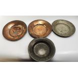 A collection of 4 17-18th century Ottoman Armenian tinned copper dishes, D.28cm