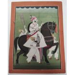 Early 20th century Indian School Mewar Raja Ki Sawari on a black horse, watercolour, 32cm x 24cm