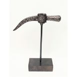 A rare 16-17th century Ottoman Balkans silver inlaid iron war hammer on a stand, L.18cm H.23cm (