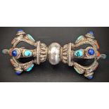 A Sino-Tibetan silver vajra embellished with coral, turquoise and lapis, L.10cm