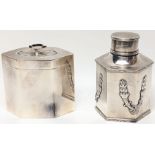 An Edwardian silver hexagon tea caddy, appliques to body, hallmarked London, 1908, maker CD (