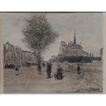 Jean-Francois Raffaili (French, 1850-1924), Notre Dame of Paris, coloured engraving, signed in