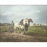 In the manner of Richard Beavis, horse pulled ploughing scene, oil on canvas, H.72cm W.91cm