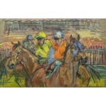 Claire Eva Burton (b.1955), horse racing scene, oil and pastel, signed, H.49cm W.71cm
