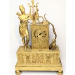 A French Empire ormolu clock, mounted with a maiden archer with harp and dog, Roman numerals, 8