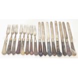 A set of 8 pairs of Victorian silver and stone handled knives and forks, hallmarked London, 1827,