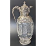 A late Victorian large Mappin & Webb silver and glass wine carafe, the hinged lid and collar, splays
