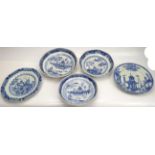 A collection of 5 Chinese 18th century blue and white dishes, D.24cm (largest)