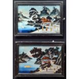 Two Chinese reverse glass paintings with collage, mother of pearl inlay, each 40cm x 60cm