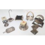 A collection of silver desk items, some with ivorine, mother of pearl and horn (8)