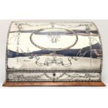 An early 20th century large silver and walnut letter rack, etched with ribbon motif decor,