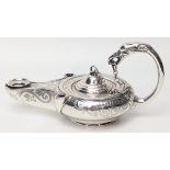 A Victorian silver table oil lamp, etched scrolling decor, eagle head terminal to handle, hallmarked