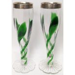 A pair of Edwardian silver and green glass vases, hallmarked Birmingham 1901, maker John