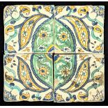An 18th century North African Tunisian Qallaline 4 pottery tiles panel, each tile 15cm x 15cm