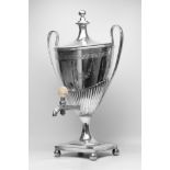 A large George III silver plated tea urn, twin handled, vacant cartouche, raised on four ball feet