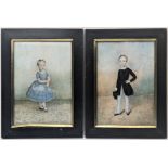 A pair of 19th miniature portraits of a boy in a black coat and a girl in a blue dress, oil on