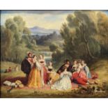 Robert Trewick Bone (1790-1840), The Picnic, oil on board, painted annotation to verso, H.49cm W.