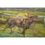 Claire Eva Burton (b.1955), horse racing scene, oil and pastel, signed, H.49cm W.71cm
