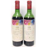 Two bottles of Chateau Mouton Rothschild, 1970, numbered bottles, Marc Chagall artwork labels