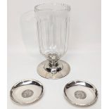Silver mounted glass vase together with two Hong Kong coin silver dishes