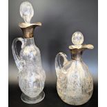 Two Edwardian silver and glass wine carafes by William Comyns, etched glass bodies, each
