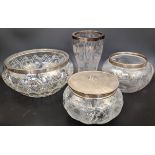 Four silver topped glass bowls and a vase, all British hallmarks, etched glass bodies. Condition