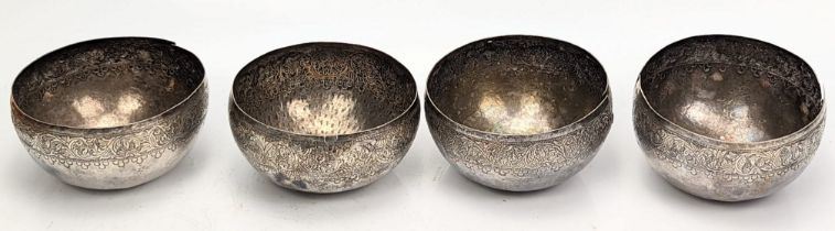 A set of four Malay silver bowls, circa 1900, band of etched decor, total weight 300g, D.10.5cm