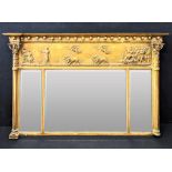 A Regency giltwood and gesso overmantle mirror, the relief moulded frieze depicting Chariot of