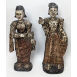 Pair of Burmese polychrome painted carved wood figures of a noble couple, Burma or Myanmar, H.34cm