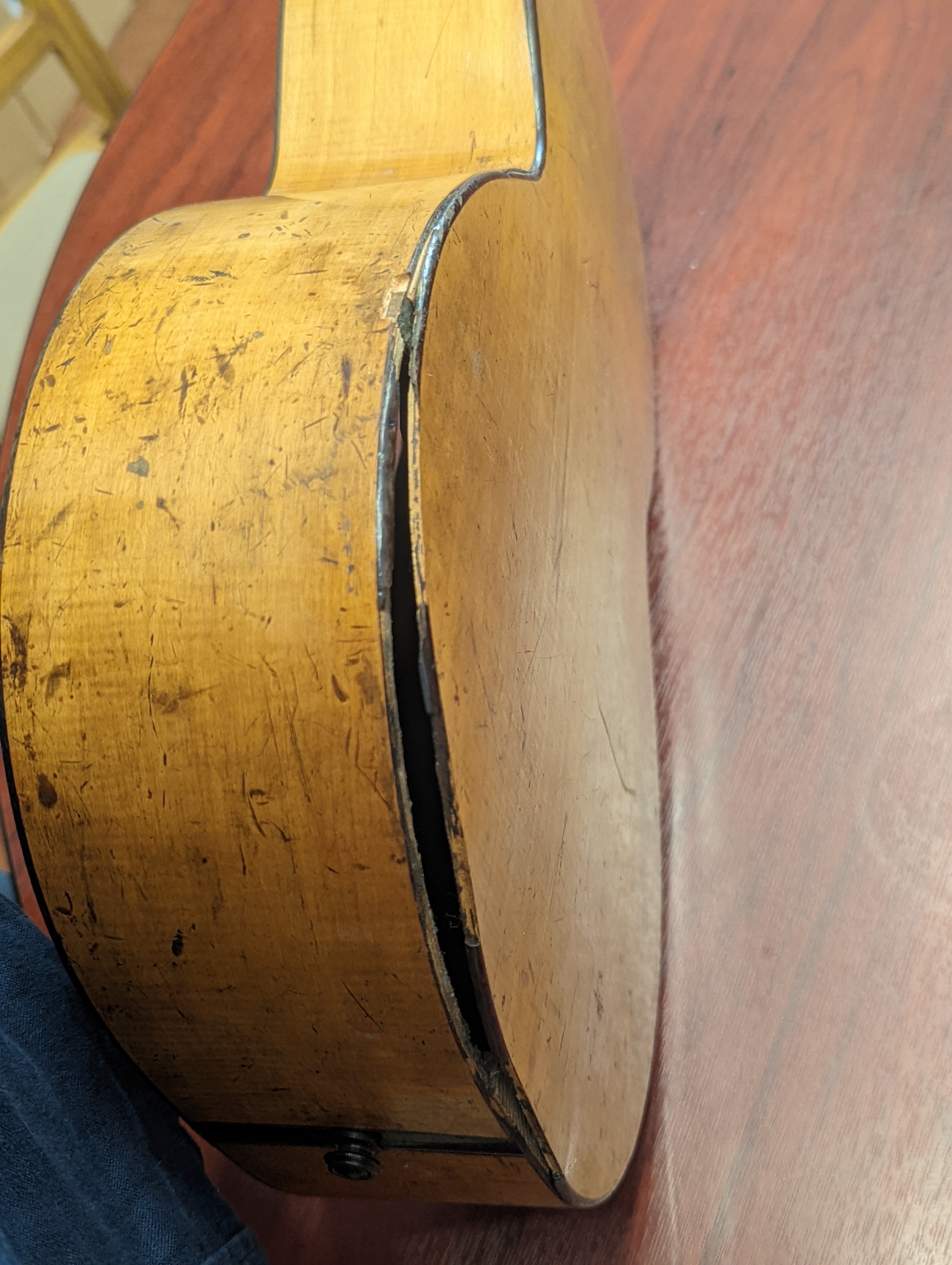 A 19th century guitar, possibly a Rene Lacote, inlaid with mother of pearl, with contemporary hard - Image 6 of 9