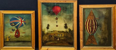 Three reverse glass prints of British hot air balloon scenes, circa mid 20th century