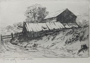 Henry J Glintenkamp (American, 1887-1946), landscape scene of a barn, etching, signed within the