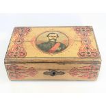 An Ethiopian lacquered wooden box depicting a portrait of Sir Robert Napier, military interest.