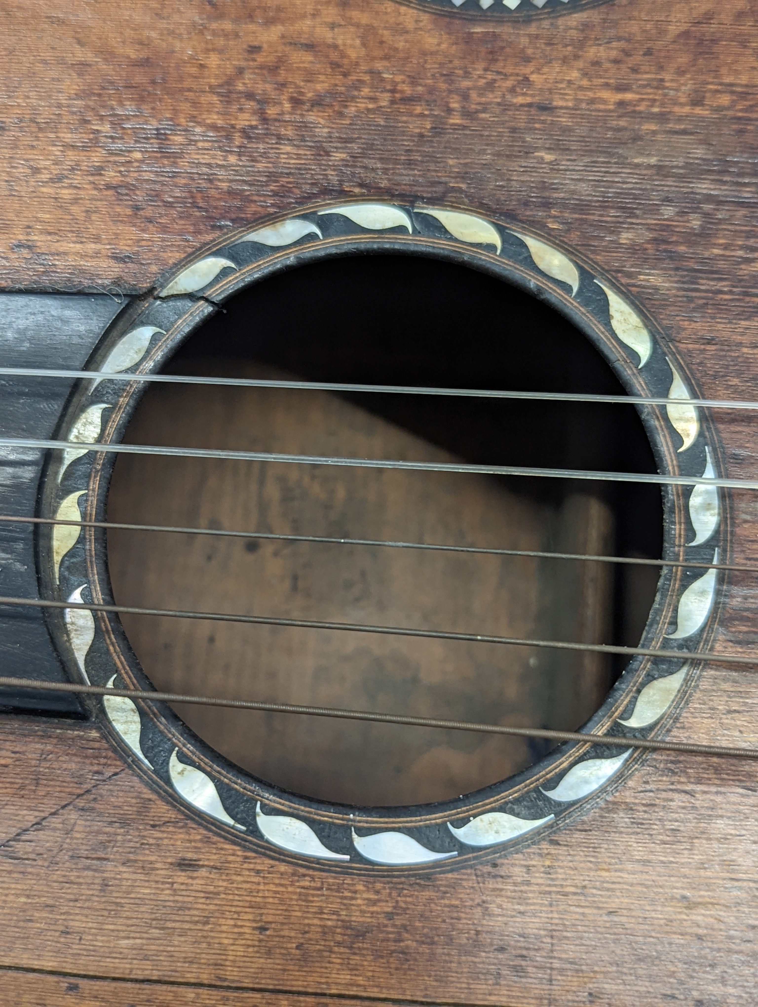 A 19th century guitar, possibly a Rene Lacote, inlaid with mother of pearl, with contemporary hard - Image 7 of 9