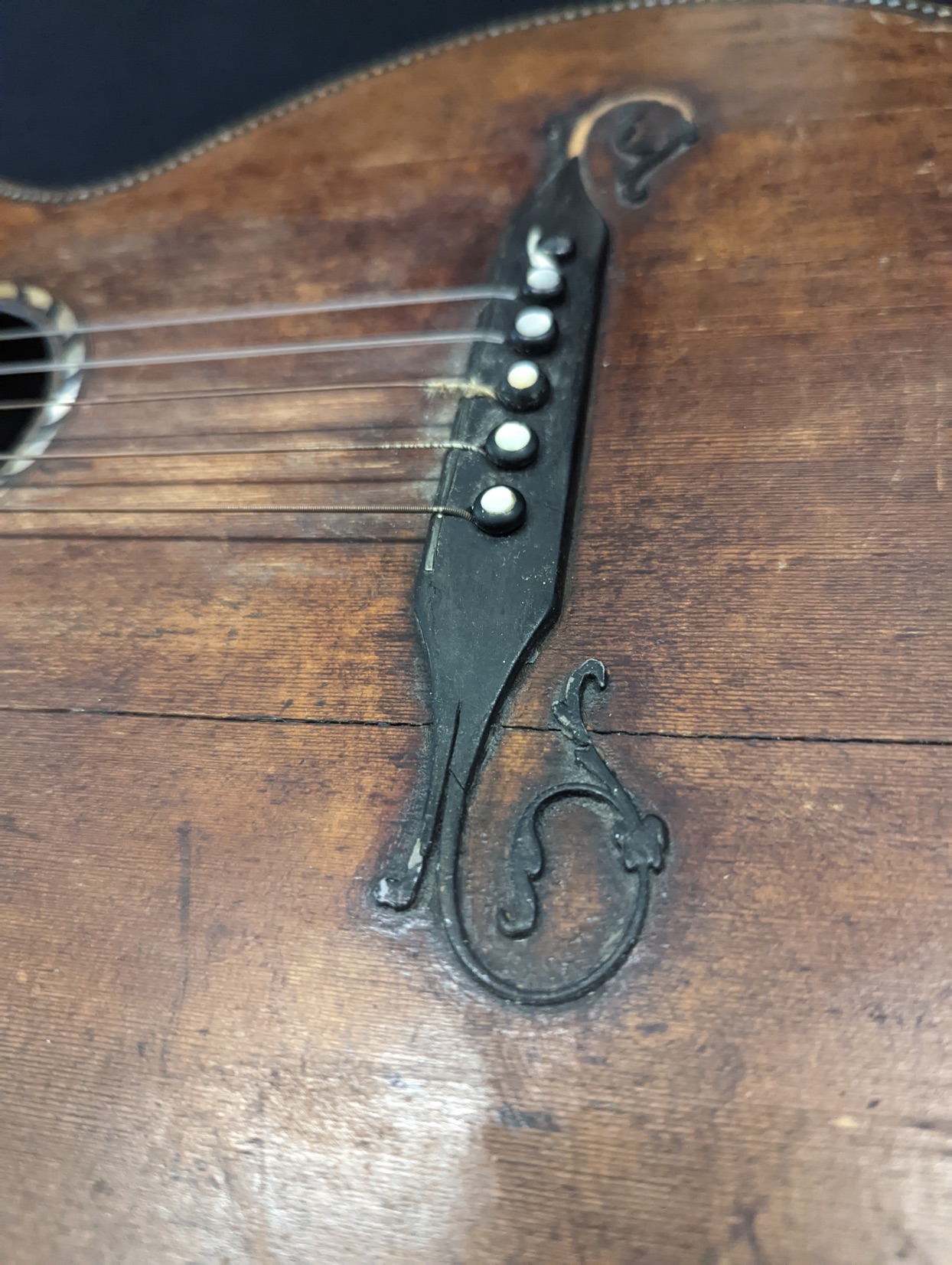 A 19th century guitar, possibly a Rene Lacote, inlaid with mother of pearl, with contemporary hard - Image 2 of 9